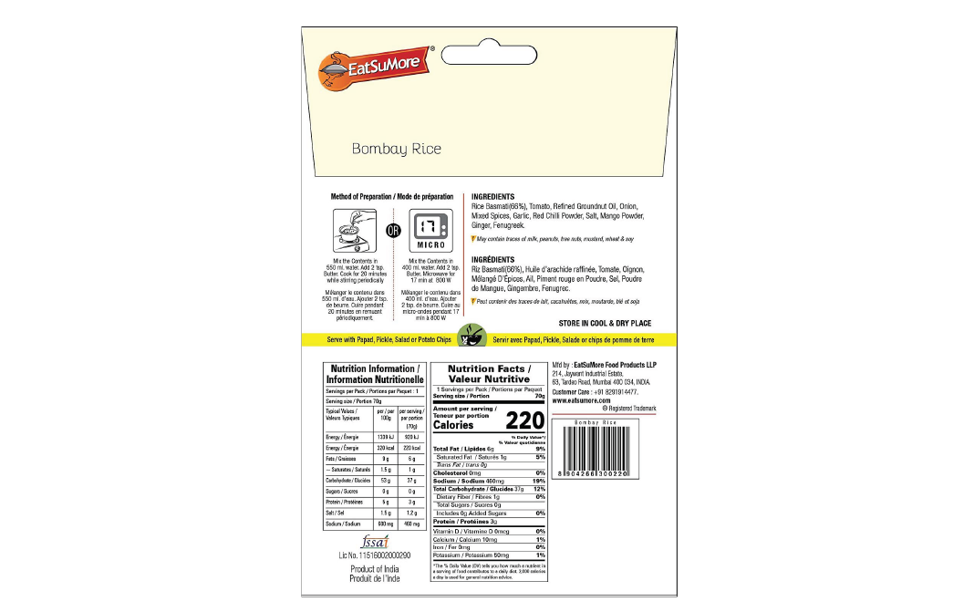 EatSuMore Bombay Rice    Pack  70 grams